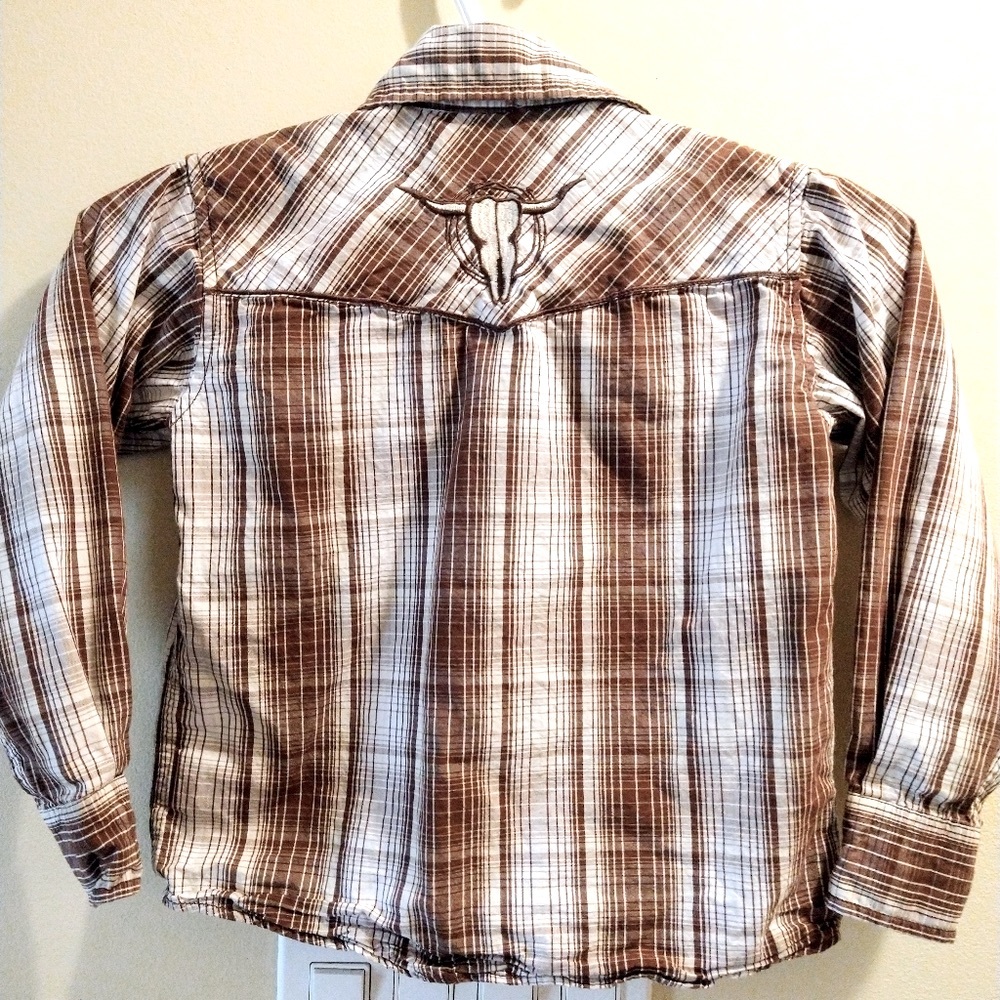 🤠🐎 Boys Cowboy Hardware Western Plaid Longsleeve Shirt, Brown/White Size XS/5